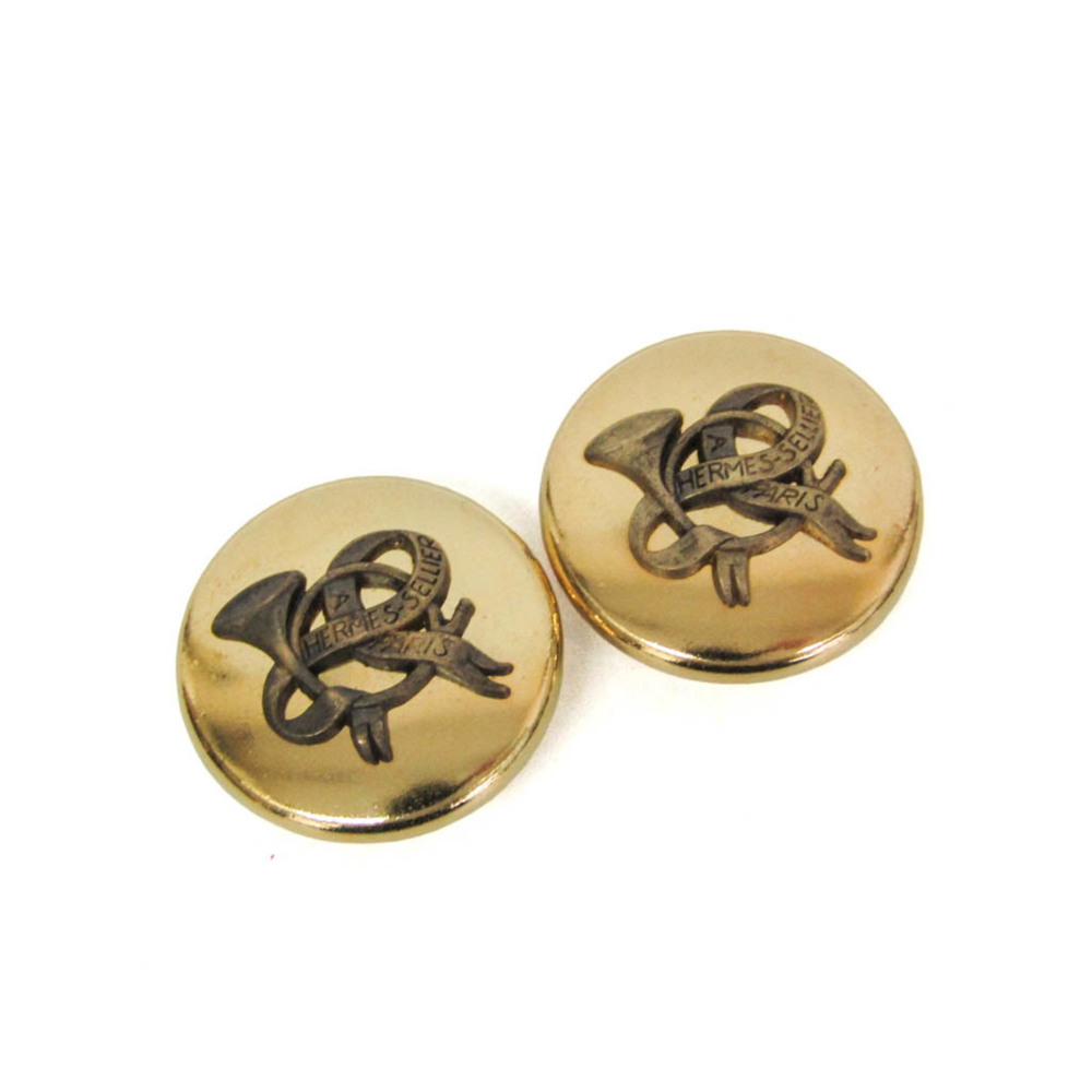 Hermes Horn Ribbon Alloy Clip Earrings Gold